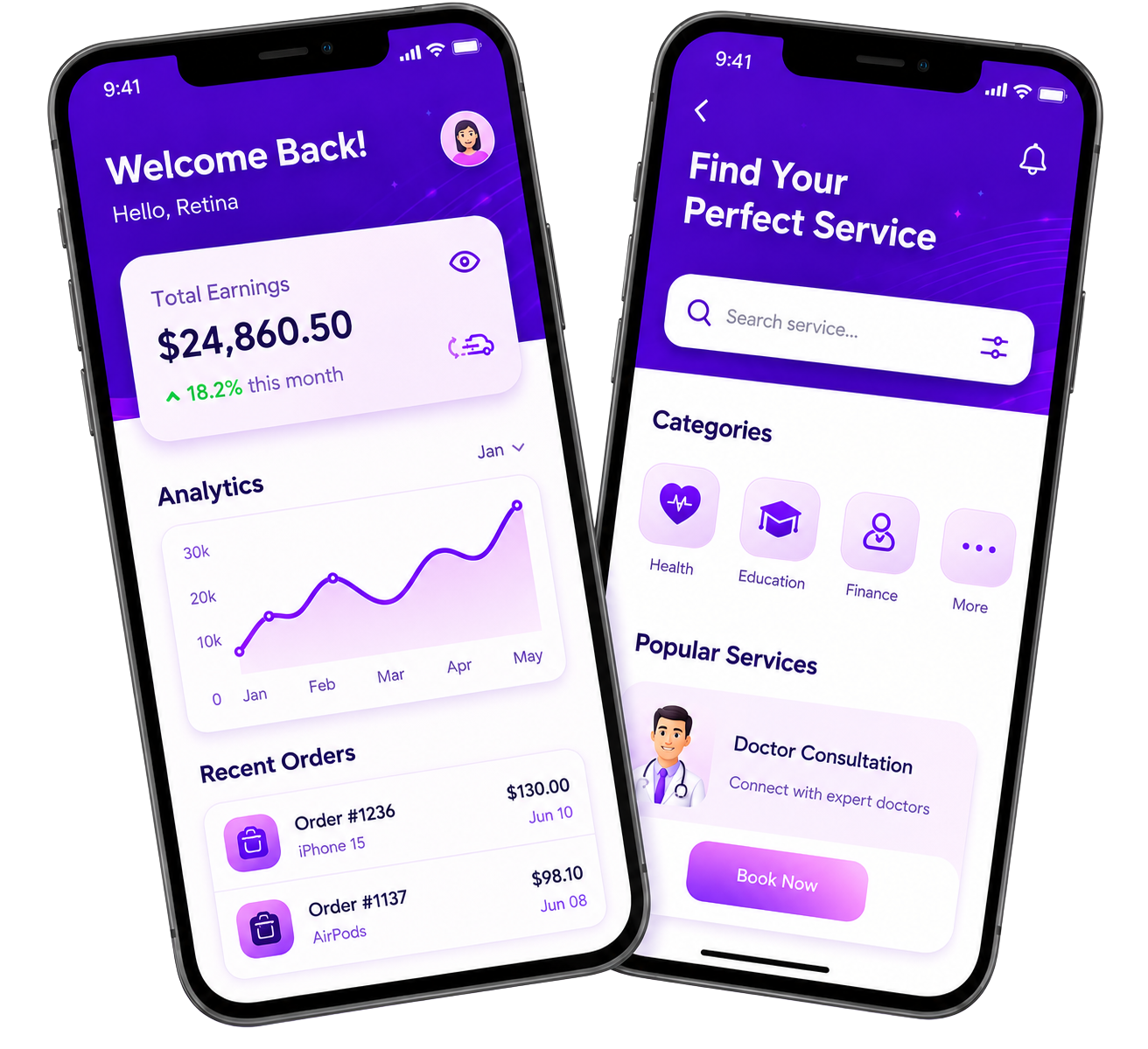 Two purple mobile app interface mockups